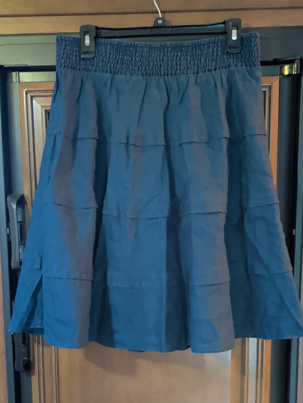 Soft Surroundings Linen Navy Tiered Midi Skirt with Smocked Waist